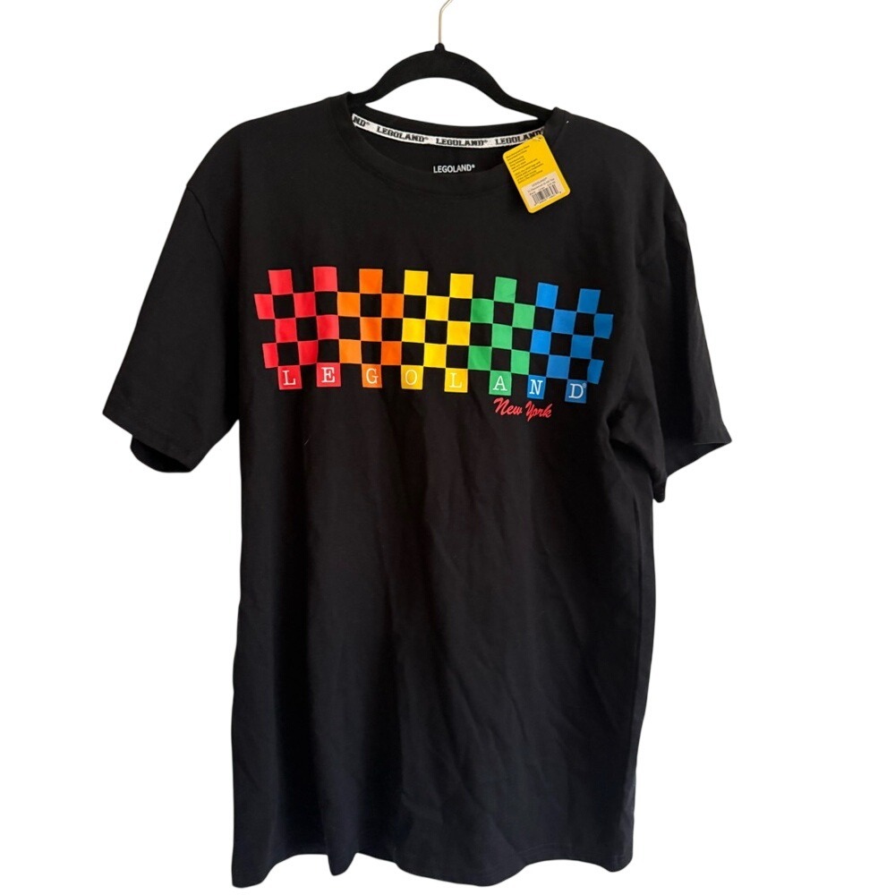New York Legoland Black T-Shirt ColorBlock Checkered Mens Large Cotton Graphic
